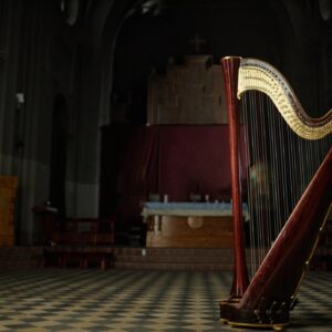 Professional Elegant Harp Captured in Church with Low Key Light